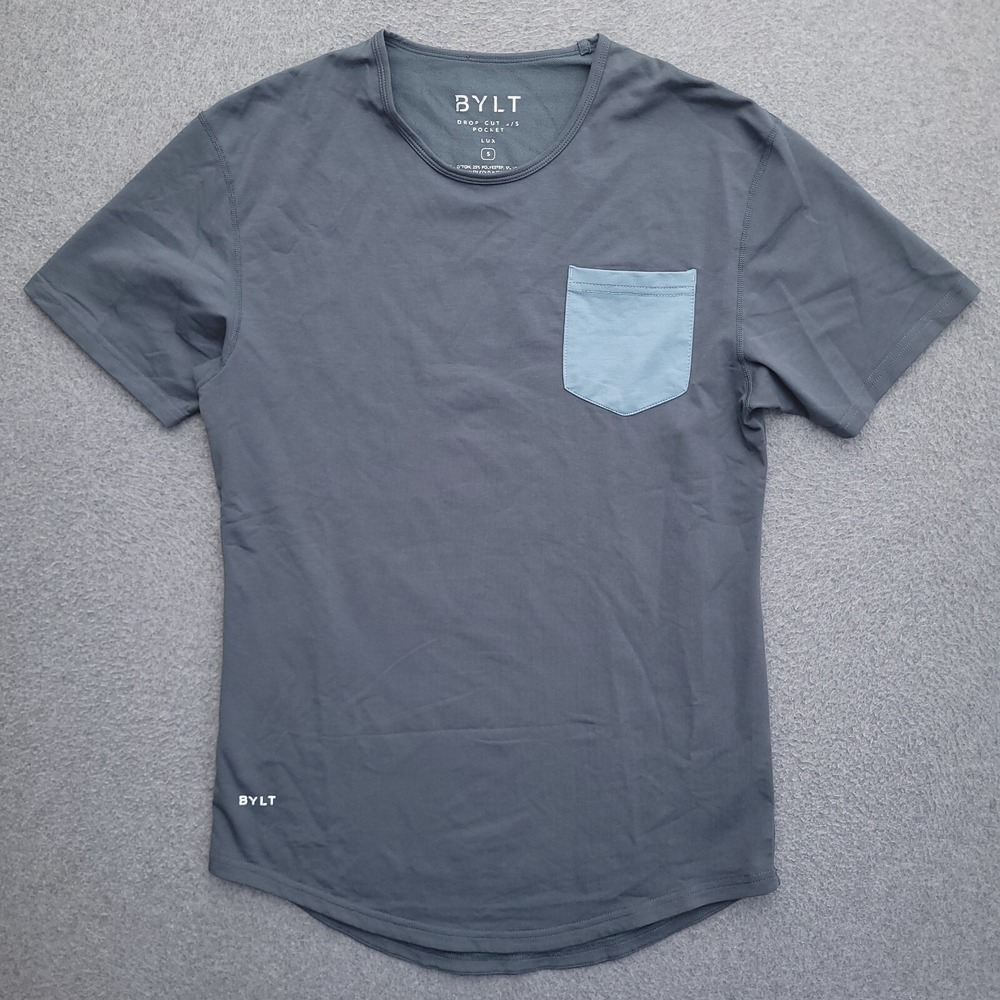 BYLT Drop Cut T Shirt Mens Small Blue Pocket Lux Stretch Short Sleeve